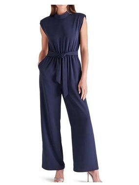 Steve Madden Navy Sleeveless Belted Wide-Leg Jumpsuit